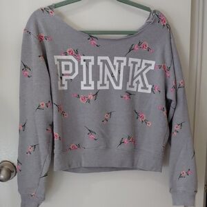 PINK Victoria's Secret Gray and Pink Floral Off-the-Shoulder Sweater